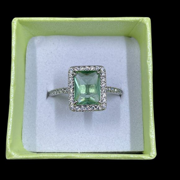 Coquette Emerald Cut Halo Ring Sterling Silver SZ8 Soft Girl Romantic Glam Gift - Picture 2 of 7